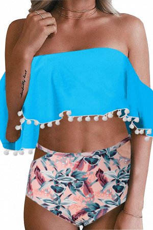 Голубой купальник бикини: топ с открытыми плечами в стиле ретро с воланами и кисточками + плавки с высокой талией и разноцветным цветочным принтом