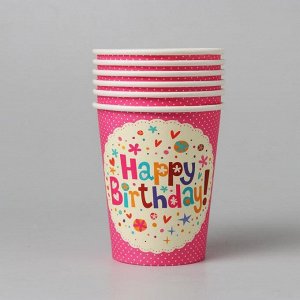 Стакан бумажный «С днём рождения», набор 6 шт., цвет розовый