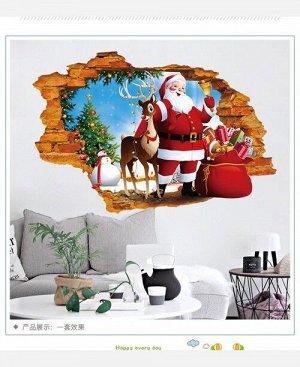 Наклейка интерьерная винил  3D "Санта Клаус и Олень" 9046362