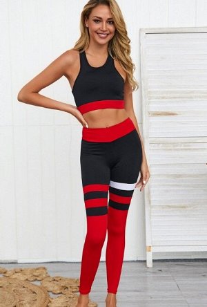 Женский спортивный костюм (Топ и леггинсы), принт "Полосы", цвет красный/черный
