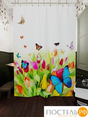 Фотоштора для ванной (джордан 180х200 см - 1 шт) Бабочки на цветах