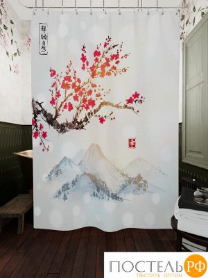 Фотоштора для ванной (джордан 180х200 см - 1 шт) Сакура и горы