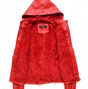 Женская комбинированная утепленная куртка из эко-кожи, с капюшоном, цвет красный