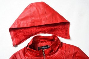 Женская комбинированная утепленная куртка из эко-кожи, с капюшоном, цвет красный