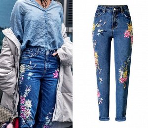 Женские джинсы слим, принт "Цветы и птицы", цвет синий