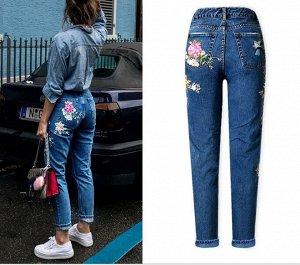 Женские джинсы слим, принт "Цветы и птицы", цвет синий