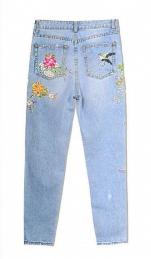 Женские джинсы слим, принт "Цветы и птицы", цвет голубой