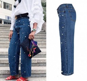 Женские широкие джинсы, декор бусины, цвет синий