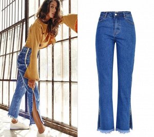 Женские джинсы клеш, декоративные молнии по бокам, цвет синий