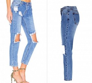 Женские джинсы слим, вырезы на коленях, цвет светло-синий