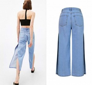 Женские широкие джинсы, разрезы по бокам, цвет голубой