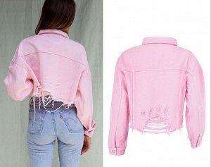Женская джинсовая куртка, на пуговицах, цвет розовый
