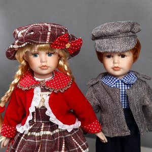 Кукла коллекционная парочка набор 2 шт "Лиза и Лёша в нарядах в клеточку" 40 см