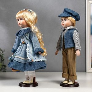 Кукла коллекционная парочка набор 2 шт "Вера и Сережа в голубых нарядах" 40 см