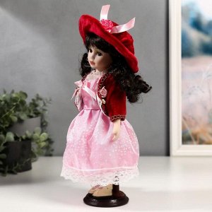 Кукла коллекционная керамика "Таисия в розовом платье и красном кардигане" 30 см