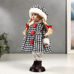 Кукла коллекционная керамика "Злата в пальто в клеточку с красными пуговицами" 30 см