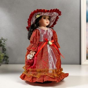 Кукла коллекционная керамика "Леди Мирослава в кирпичном платье с кружевом" 30 см