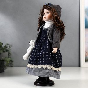 Кукла коллекционная керамика "Настя в синем платье и сарафане в кружочек" 40 см