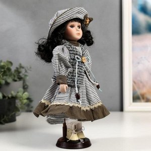 Кукла коллекционная керамика "Валя в платье в полоску и вязаном жилете" 30 см