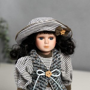Кукла коллекционная керамика "Валя в платье в полоску и вязаном жилете" 30 см