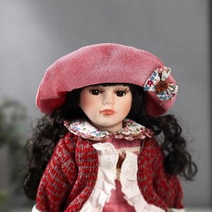 Кукла коллекционная керамика "Даша в коралловом платье и бордовом джемпере" 30 см