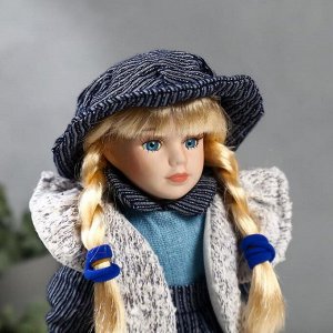 Кукла коллекционная керамика "Есения в синем платье и сером кардигане" 30 см