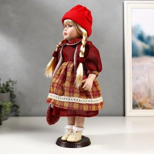 Кукла коллекционная керамика "Марина в бордовом платье в клетку" 40 см