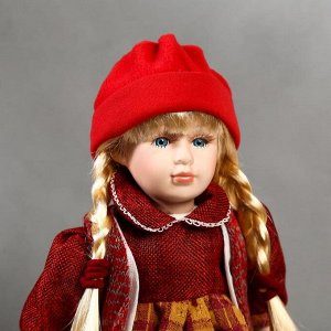 Кукла коллекционная керамика "Марина в бордовом платье в клетку" 40 см