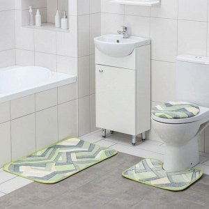 Набор ковриков для ванны и туалета Доляна «Геометрия», 3 шт: 35x39, 40x50, 50x80 см, цвет зелёный