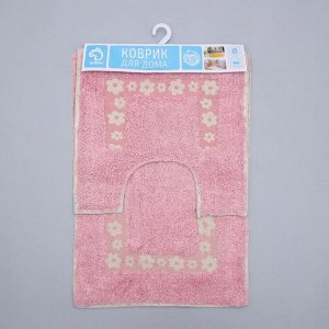 Набор ковриков для ванны и туалета Доляна «Цветы», 2 шт: 40?40, 40?60 см, 900 г/м2, 100% хлопок, цвет розовый