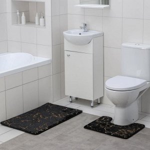 Набор ковриков для ванны и туалета Доляна «Мрамор», 2 шт: 40x50, 50x80 см, цвет чёрный