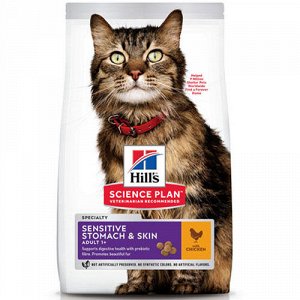 Hill's Science Plan Sensitive Stomach & Skin Сухой корм для кошек с чувствительным пищеварением и кожей с курицей 1,5 кг