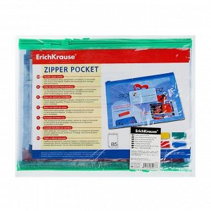 Папка-конверт на ZIP-молнии В5 140 мкм, ErichKrause PVC Zip Pocket, прозрачная с цветной молнией, до 100 листов