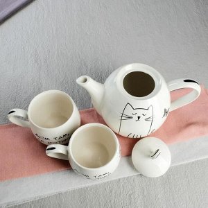 Чайный набор "Петелька", кот и бабочка, 3 предмета: чайник 1,1 л и 2 чашки 0,38 л, микс