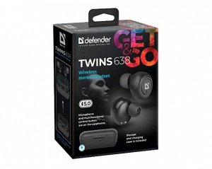 Bluetooth стереогарнитура Defender Twins 638 черный, 63638 recommended