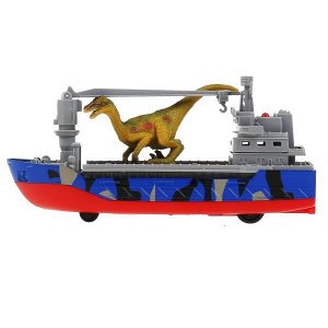 CRANEBOAT-17SAF-DINO Машина металл ТРАНСПОРТНЫЙ КОРАБЛЬ ДЖУНГЛИ 17 см, люк, динозавр, кор. Технопарк в кор.2*24шт