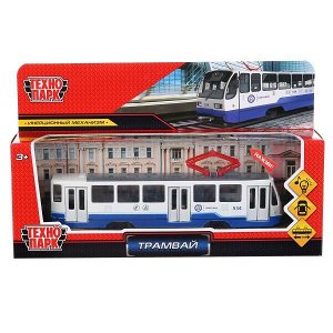 TRAM71403-18SL-BUWH Модель металл свет-звук ТРАМВАЙ 18,5 см, двери, инерц, белый, кор. Технопарк в кор.2*24шт