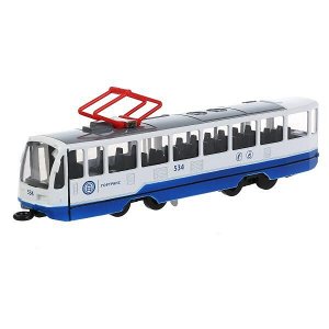 TRAM71403-18SL-BUWH Модель металл свет-звук ТРАМВАЙ 18,5 см, двери, инерц, белый, кор. Технопарк в кор.2*24шт