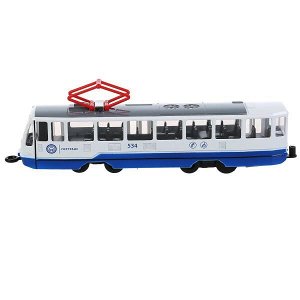 TRAM71403-18SL-BUWH Модель металл свет-звук ТРАМВАЙ 18,5 см, двери, инерц, белый, кор. Технопарк в кор.2*24шт