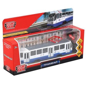 TRAM71403-18SL-BUWH Модель металл свет-звук ТРАМВАЙ 18,5 см, двери, инерц, белый, кор. Технопарк в кор.2*24шт