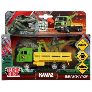 SB-19-29+DINO(WB) Машина металл KAMAZ ЭВАКУАТОР, 12 см, двери, инерц.+ диноз. 9 см, кор Технопарк в кор.2*24шт