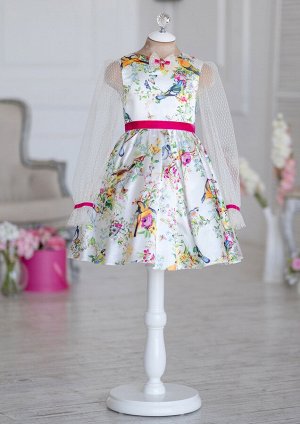 Платье из принтованного атласа, с рукавами из отделочной сетки, цвет ванильный