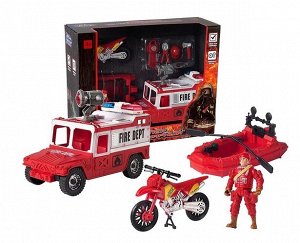 Набор Пожарный "BeBoy" в наборе:фигурка,машинка,лодка,мотоцикл, инструменты, в/к 32*10,5*25,5 см