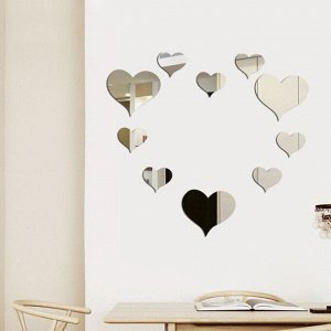 Декор настенный "Сердца", из акрила, зеркальный, 10 элементов, 9 х 10 см, 6 х 7 см