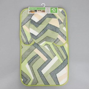 Набор ковриков для ванны и туалета Доляна «Геометрия», 3 шт: 35x39, 40x50, 50x80 см, цвет зелёный