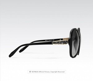 Женские солнцезащитные очки стрекоза в защитном чехле с надписью &quot;Veithdia&quot;, темно-серые линзы, черная оправа, черные дужки с декоративным золотым элементом на шарнире