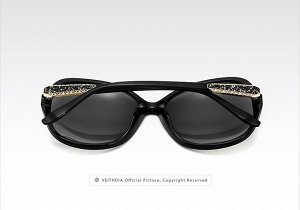 Женские солнцезащитные очки стрекоза в защитном чехле с надписью &quot;Veithdia&quot;, темно-серые линзы, черная оправа, черные дужки с декоративным золотым элементом на шарнире