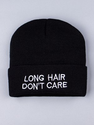 Шапка вязаная для девочки на отвороте надпись "LONG HAIR DON'T CARE", черный