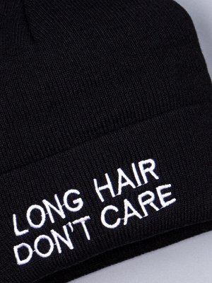 Шапка вязаная для девочки на отвороте надпись "LONG HAIR DON'T CARE", черный