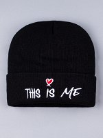 Шапка вязаная для девочки, на отвороте надпись &quot;THIS IS ME&quot;, черный